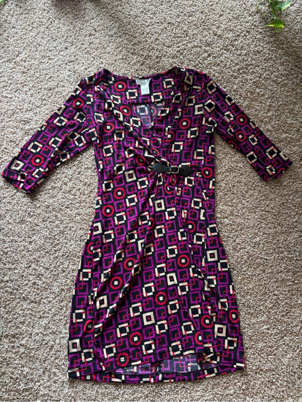 Robbie Bee Purple Geometric V-Neck Belted Long Sleeve faux wrap Dress
